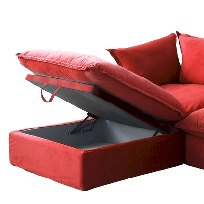 Canapé d'angle Cloud, canapé modulaire 5 places en plumes et duvet, canapé convertible en velours en forme de L avec assise large et profonde.