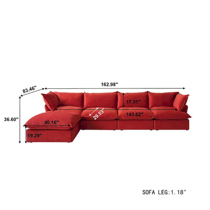 Canapé d'angle Cloud, canapé modulaire 5 places en plumes et duvet, canapé convertible en velours en forme de L avec assise large et profonde.