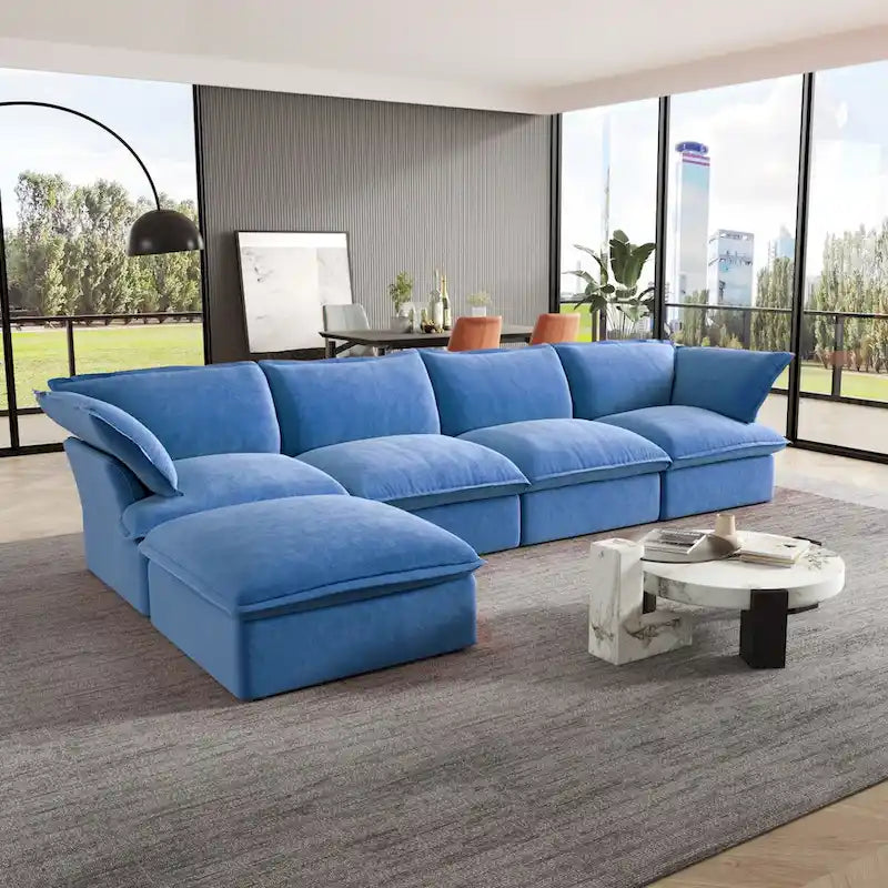 Canapé d'angle Cloud, canapé modulaire 5 places en plumes et duvet, canapé convertible en velours en forme de L avec assise large et profonde.