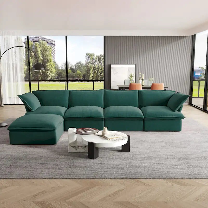 Canapé d'angle Cloud, canapé modulaire 5 places en plumes et duvet, canapé convertible en velours en forme de L avec assise large et profonde.