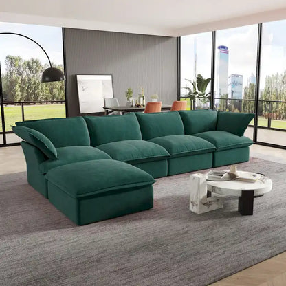 Canapé d'angle Cloud, canapé modulaire 5 places en plumes et duvet, canapé convertible en velours en forme de L avec assise large et profonde.