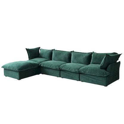 Canapé d'angle Cloud, canapé modulaire 5 places en plumes et duvet, canapé convertible en velours en forme de L avec assise large et profonde.