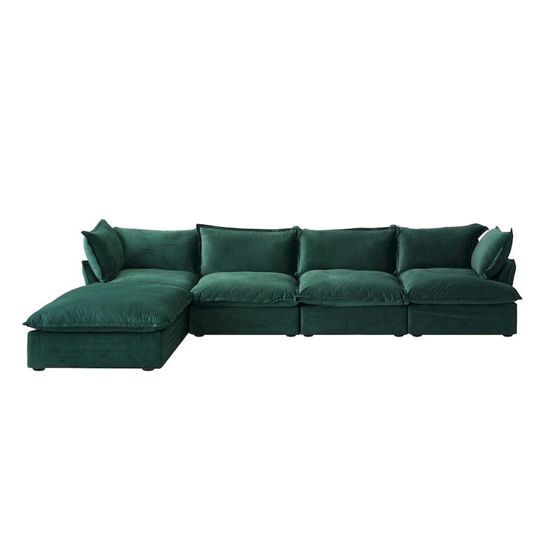 Canapé d'angle Cloud, canapé modulaire 5 places en plumes et duvet, canapé convertible en velours en forme de L avec assise large et profonde.