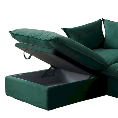 Canapé d'angle Cloud, canapé modulaire 5 places en plumes et duvet, canapé convertible en velours en forme de L avec assise large et profonde.