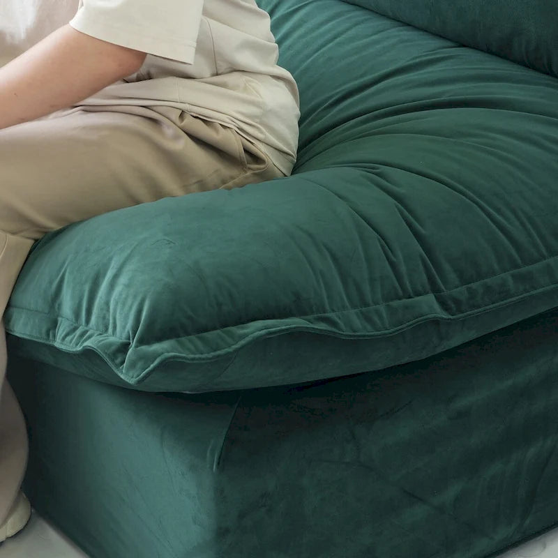Canapé d'angle Cloud, canapé modulaire 5 places en plumes et duvet, canapé convertible en velours en forme de L avec assise large et profonde.
