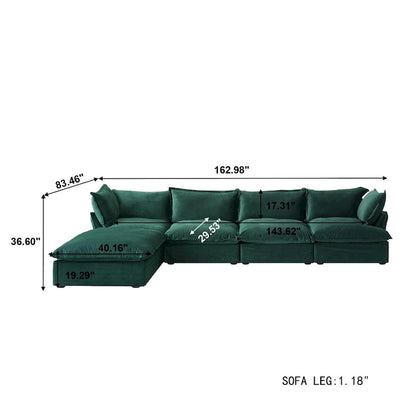 Canapé d'angle Cloud, canapé modulaire 5 places en plumes et duvet, canapé convertible en velours en forme de L avec assise large et profonde.