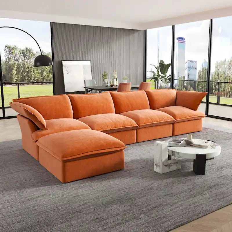 Canapé d'angle Cloud, canapé modulaire 5 places en plumes et duvet, canapé convertible en velours en forme de L avec assise large et profonde.