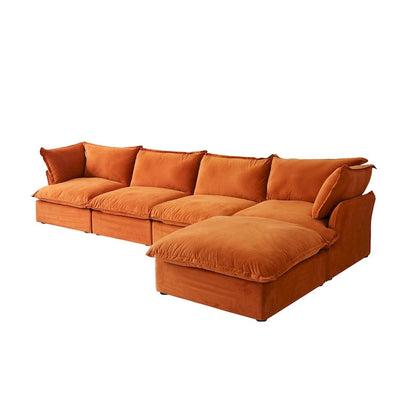 Canapé d'angle Cloud, canapé modulaire 5 places en plumes et duvet, canapé convertible en velours en forme de L avec assise large et profonde.