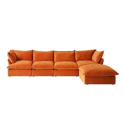 Canapé d'angle Cloud, canapé modulaire 5 places en plumes et duvet, canapé convertible en velours en forme de L avec assise large et profonde.