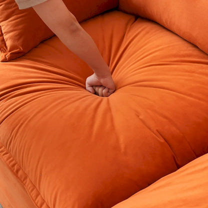 Canapé d'angle Cloud, canapé modulaire 5 places en plumes et duvet, canapé convertible en velours en forme de L avec assise large et profonde.