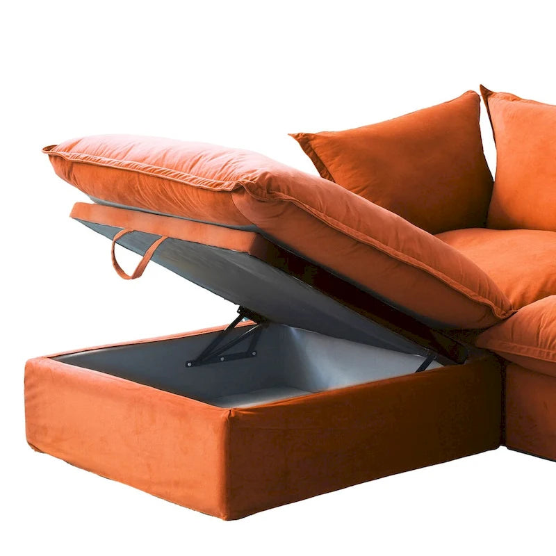 Canapé d'angle Cloud, canapé modulaire 5 places en plumes et duvet, canapé convertible en velours en forme de L avec assise large et profonde.
