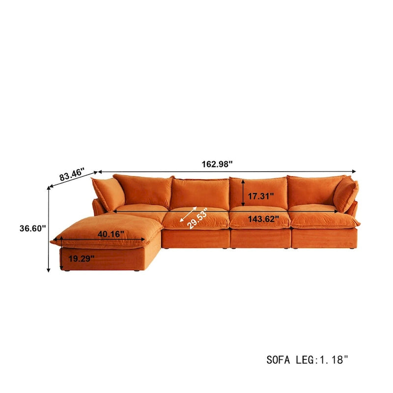 Canapé d'angle Cloud, canapé modulaire 5 places en plumes et duvet, canapé convertible en velours en forme de L avec assise large et profonde.