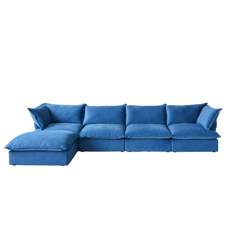 Canapé d'angle Cloud, canapé modulaire 5 places en plumes et duvet, canapé convertible en velours en forme de L avec assise large et profonde.