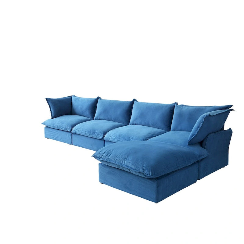 Canapé d'angle Cloud, canapé modulaire 5 places en plumes et duvet, canapé convertible en velours en forme de L avec assise large et profonde.