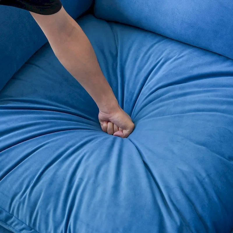Canapé d'angle Cloud, canapé modulaire 5 places en plumes et duvet, canapé convertible en velours en forme de L avec assise large et profonde.