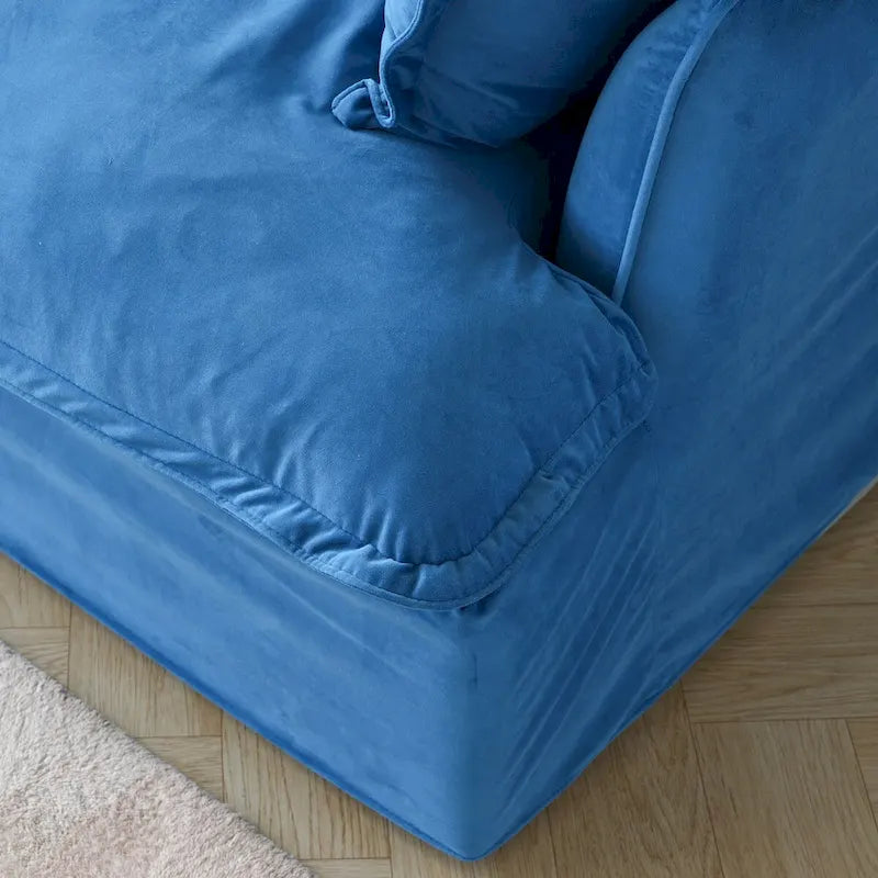Canapé d'angle Cloud, canapé modulaire 5 places en plumes et duvet, canapé convertible en velours en forme de L avec assise large et profonde.