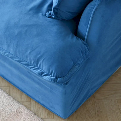 Canapé d'angle Cloud, canapé modulaire 5 places en plumes et duvet, canapé convertible en velours en forme de L avec assise large et profonde.