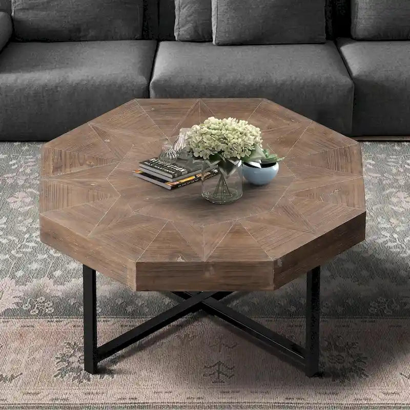 Table basse octogonale vintage patchwork en bois de 76 cm