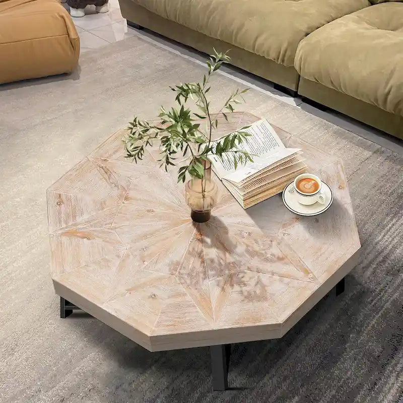 Table basse octogonale vintage patchwork en bois de 76 cm