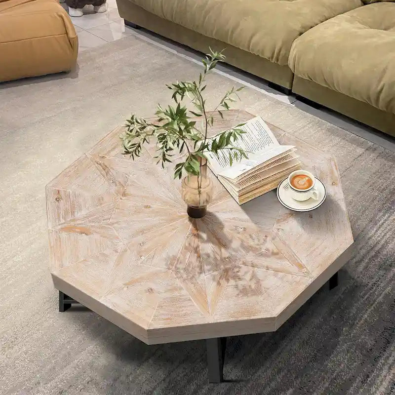 Table basse octogonale vintage patchwork en bois de 76 cm