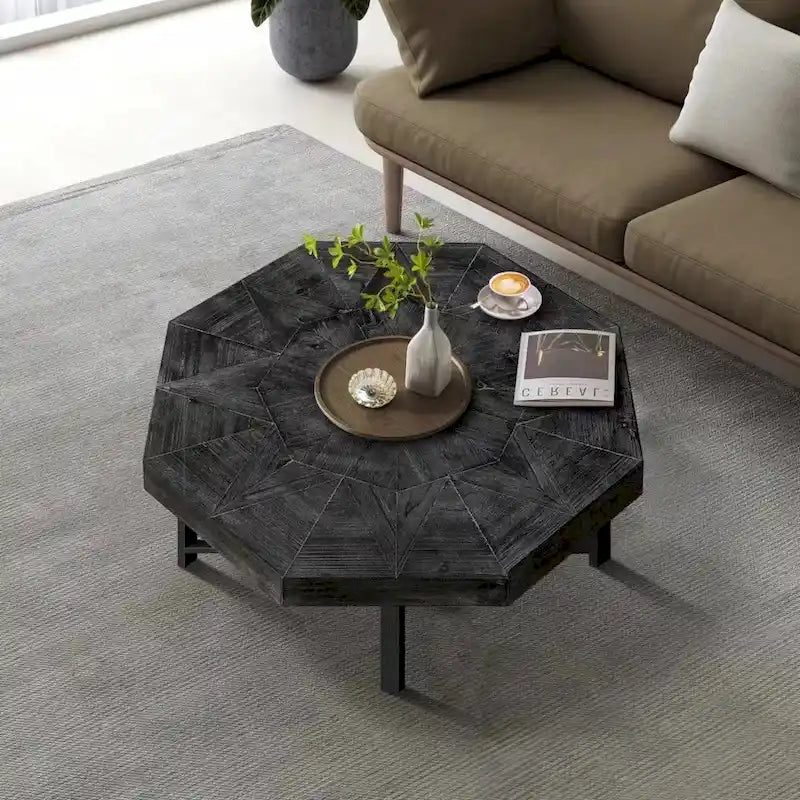 Table basse octogonale vintage patchwork en bois de 76 cm