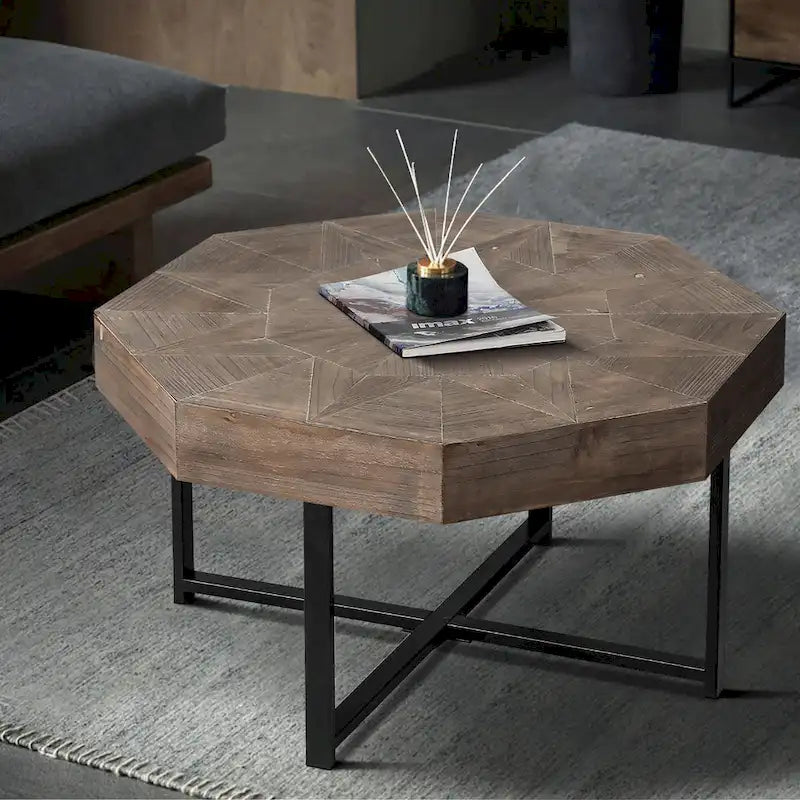Table basse octogonale vintage patchwork en bois de 76 cm