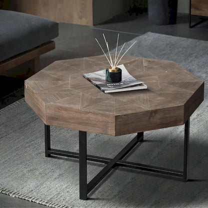 Table basse octogonale vintage patchwork en bois de 76 cm