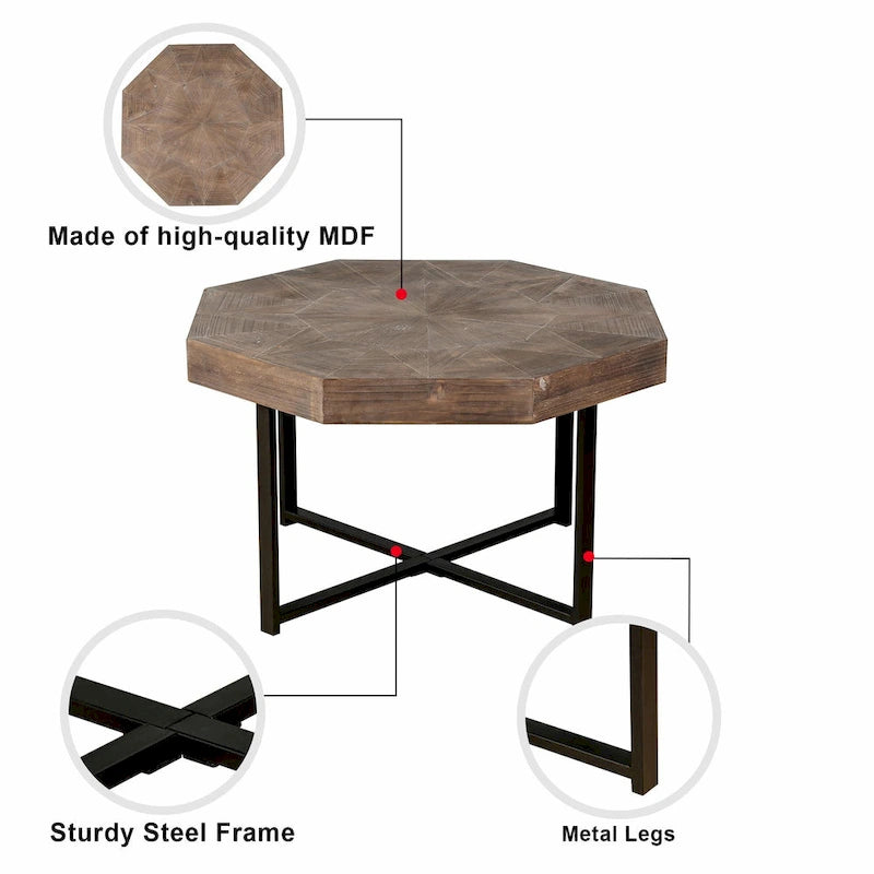 Table basse octogonale vintage patchwork en bois de 76 cm