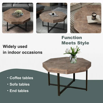 Table basse octogonale vintage patchwork en bois de 76 cm