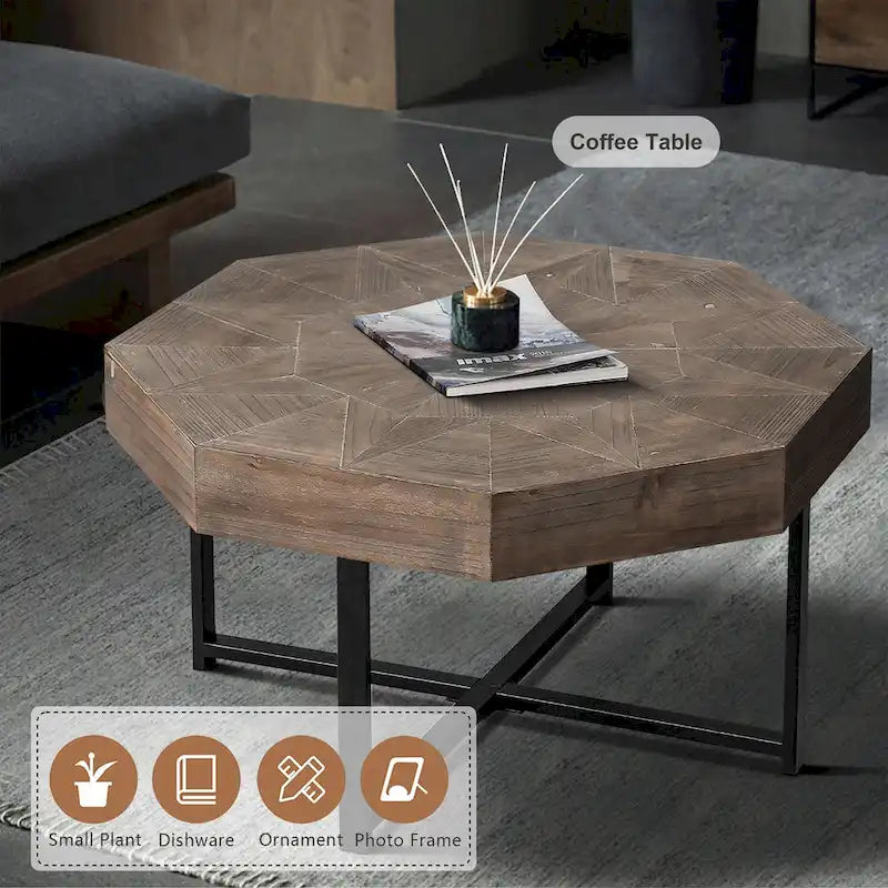 Table basse octogonale vintage patchwork en bois de 76 cm
