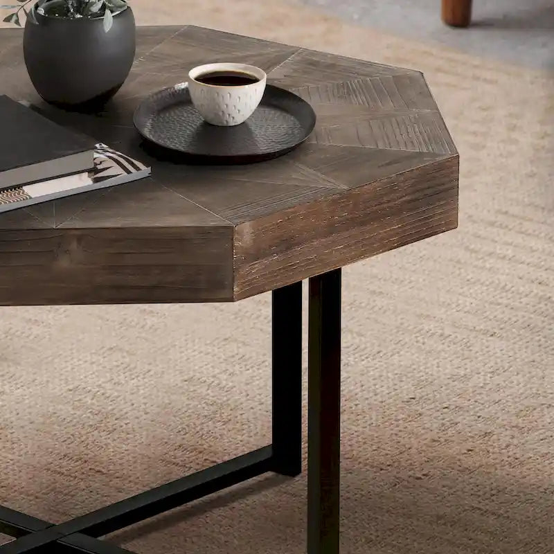 Table basse octogonale vintage patchwork en bois de 76 cm