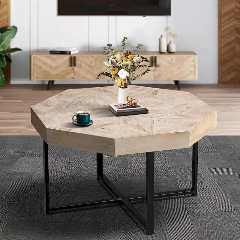 Table basse octogonale vintage patchwork en bois de 76 cm