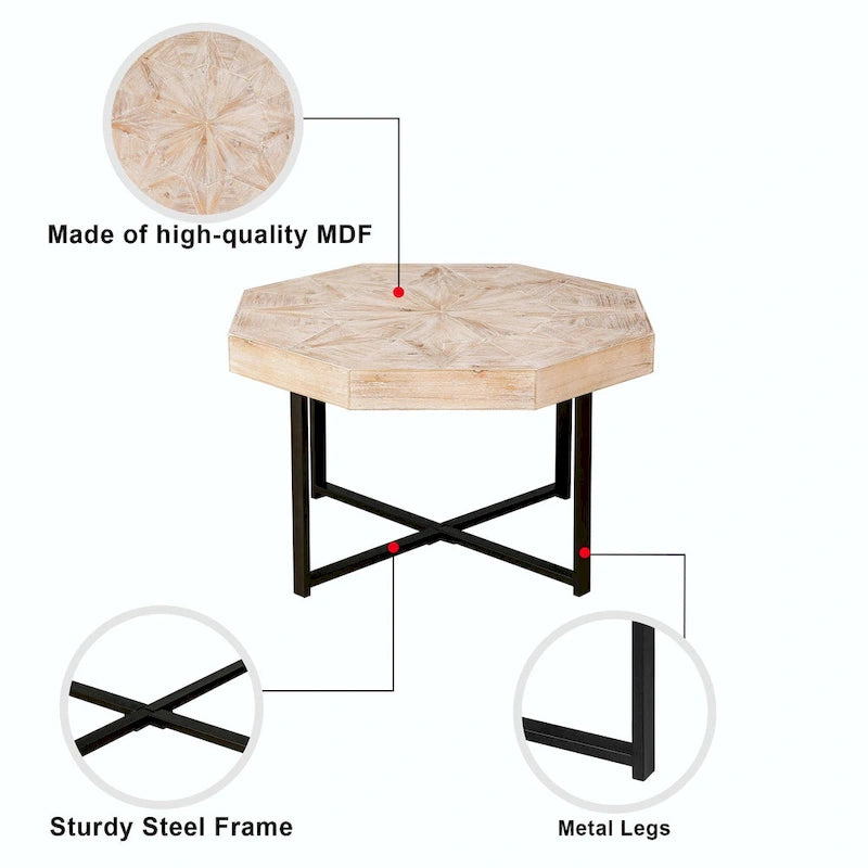 Table basse octogonale vintage patchwork en bois de 76 cm