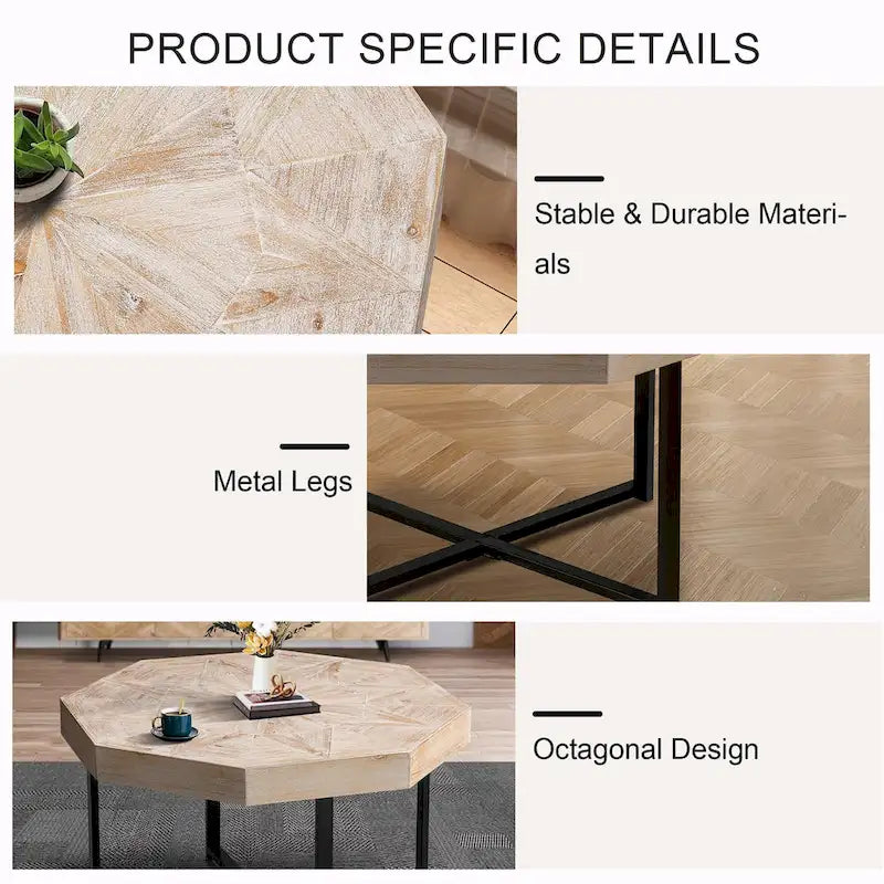 Table basse octogonale vintage patchwork en bois de 76 cm