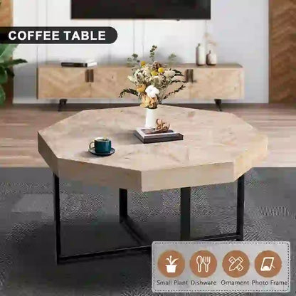 Table basse octogonale vintage patchwork en bois de 76 cm