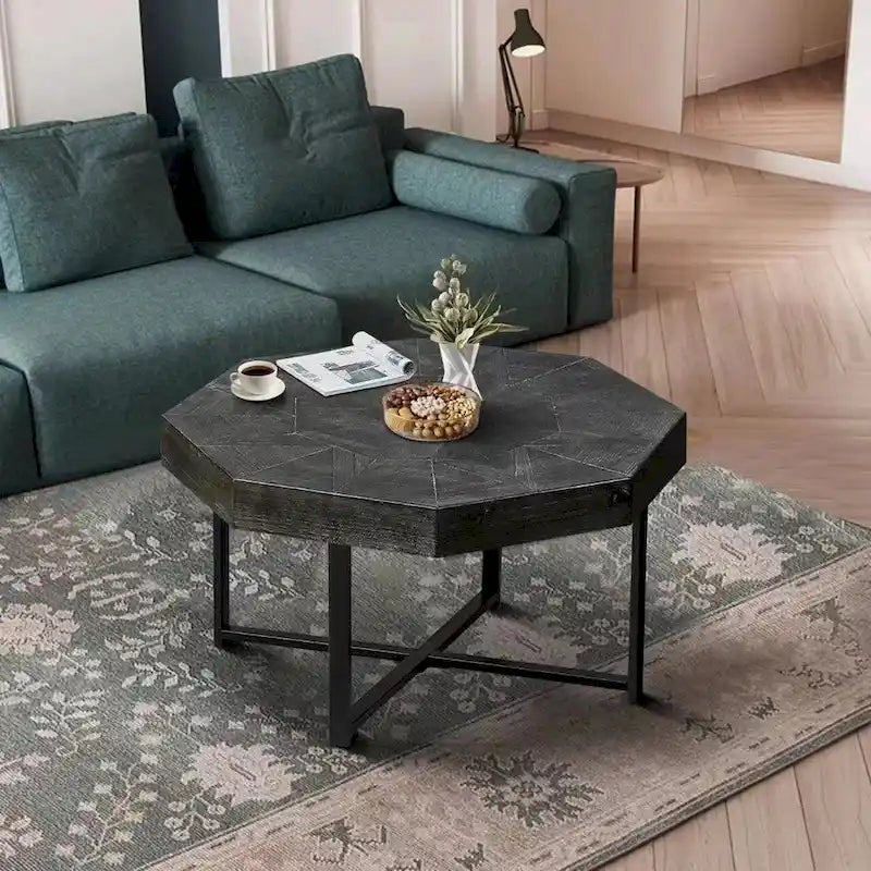 Table basse octogonale vintage patchwork en bois de 76 cm