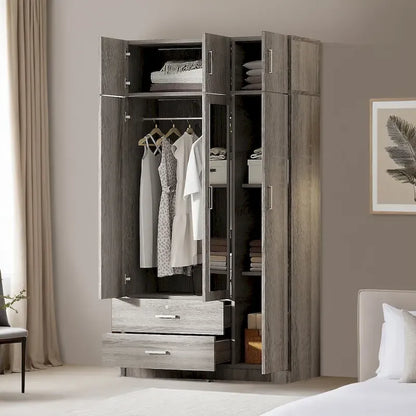 Armoire à trois portes avec miroir, deux tiroirs et un meuble haut