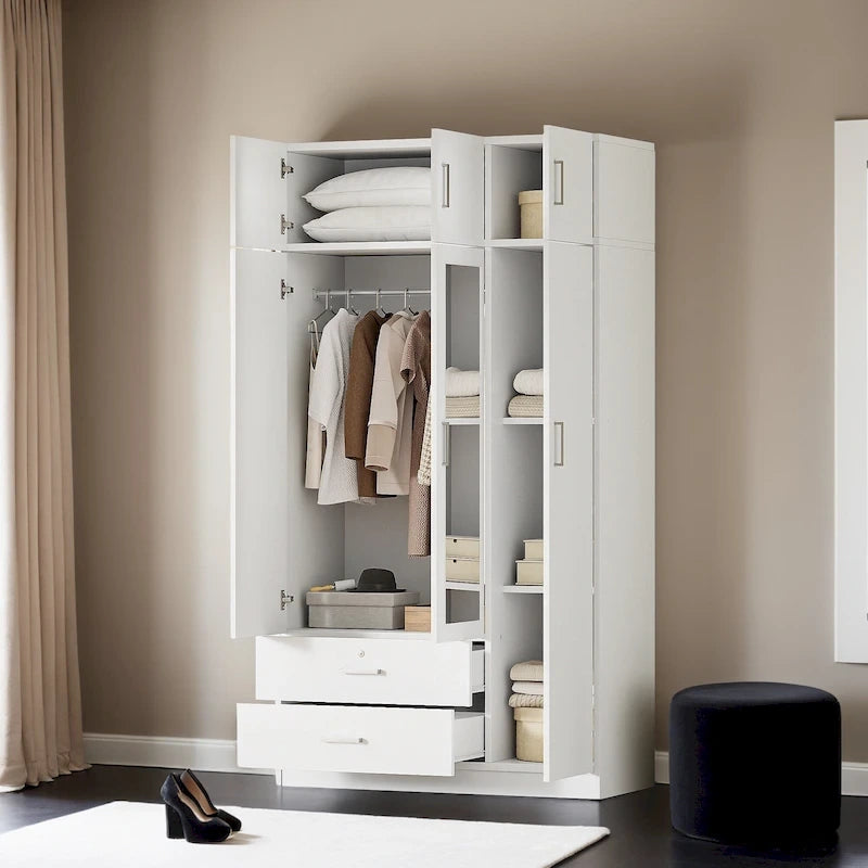 Armoire à trois portes avec miroir, deux tiroirs et un meuble haut