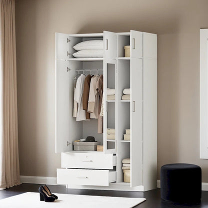 Armoire à trois portes avec miroir, deux tiroirs et un meuble haut