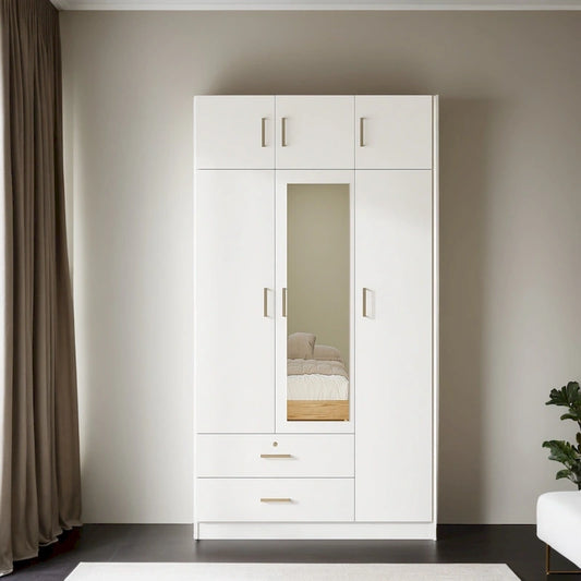 Armoire à trois portes avec miroir, deux tiroirs et un meuble haut