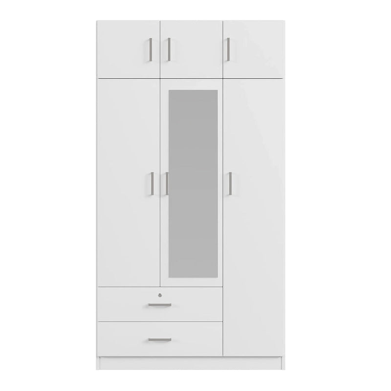 Armoire à trois portes avec miroir, deux tiroirs et un meuble haut