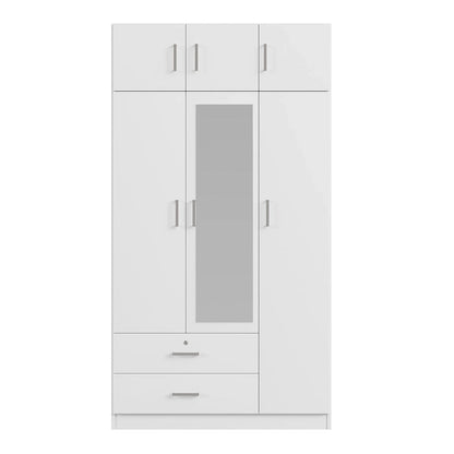 Armoire à trois portes avec miroir, deux tiroirs et un meuble haut
