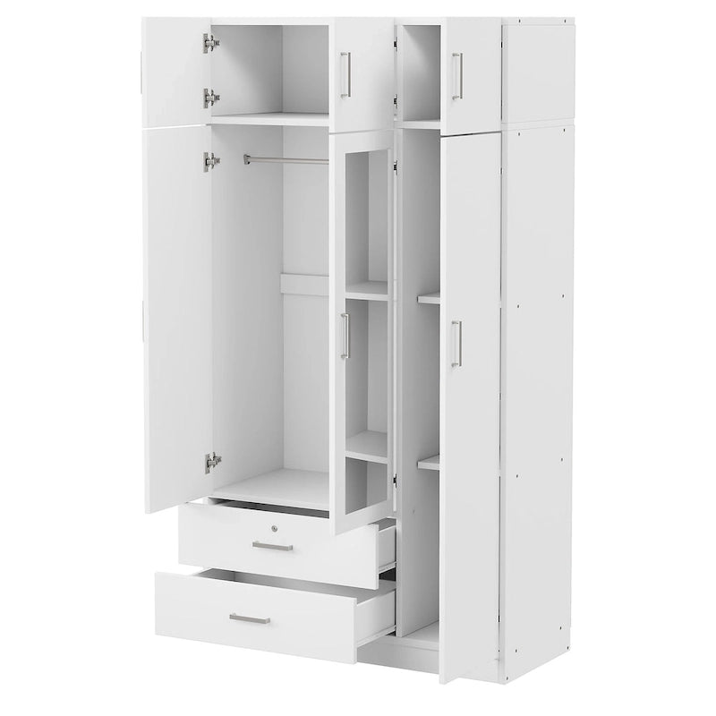 Armoire à trois portes avec miroir, deux tiroirs et un meuble haut