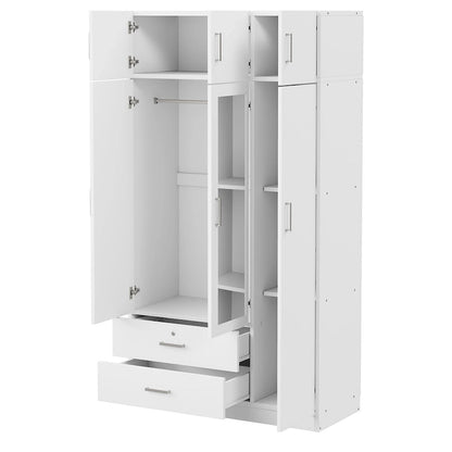 Armoire à trois portes avec miroir, deux tiroirs et un meuble haut
