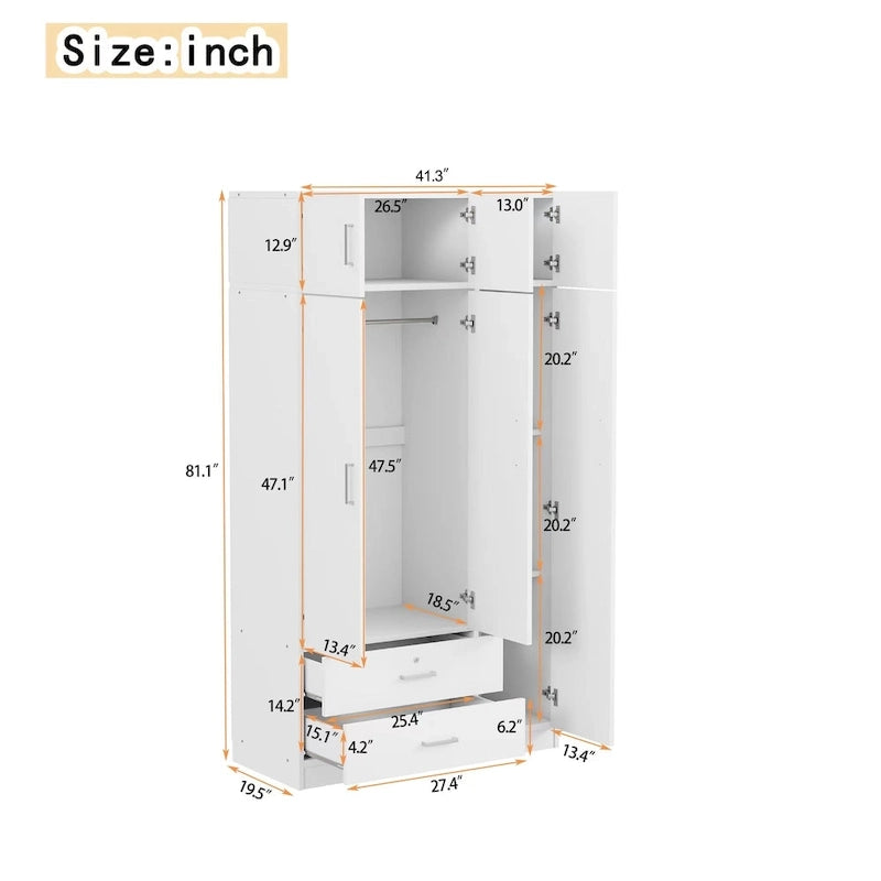 Armoire à trois portes avec miroir, deux tiroirs et un meuble haut