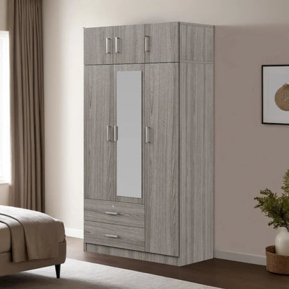 Armoire à trois portes avec miroir, deux tiroirs et un meuble haut