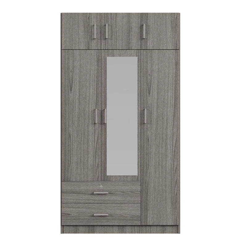 Armoire à trois portes avec miroir, deux tiroirs et un meuble haut