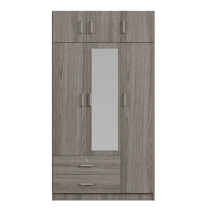 Armoire à trois portes avec miroir, deux tiroirs et un meuble haut