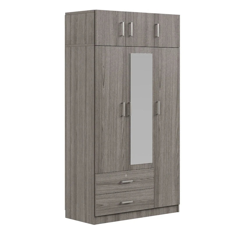 Armoire à trois portes avec miroir, deux tiroirs et un meuble haut