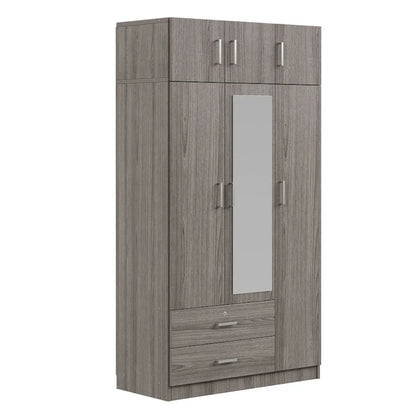 Armoire à trois portes avec miroir, deux tiroirs et un meuble haut